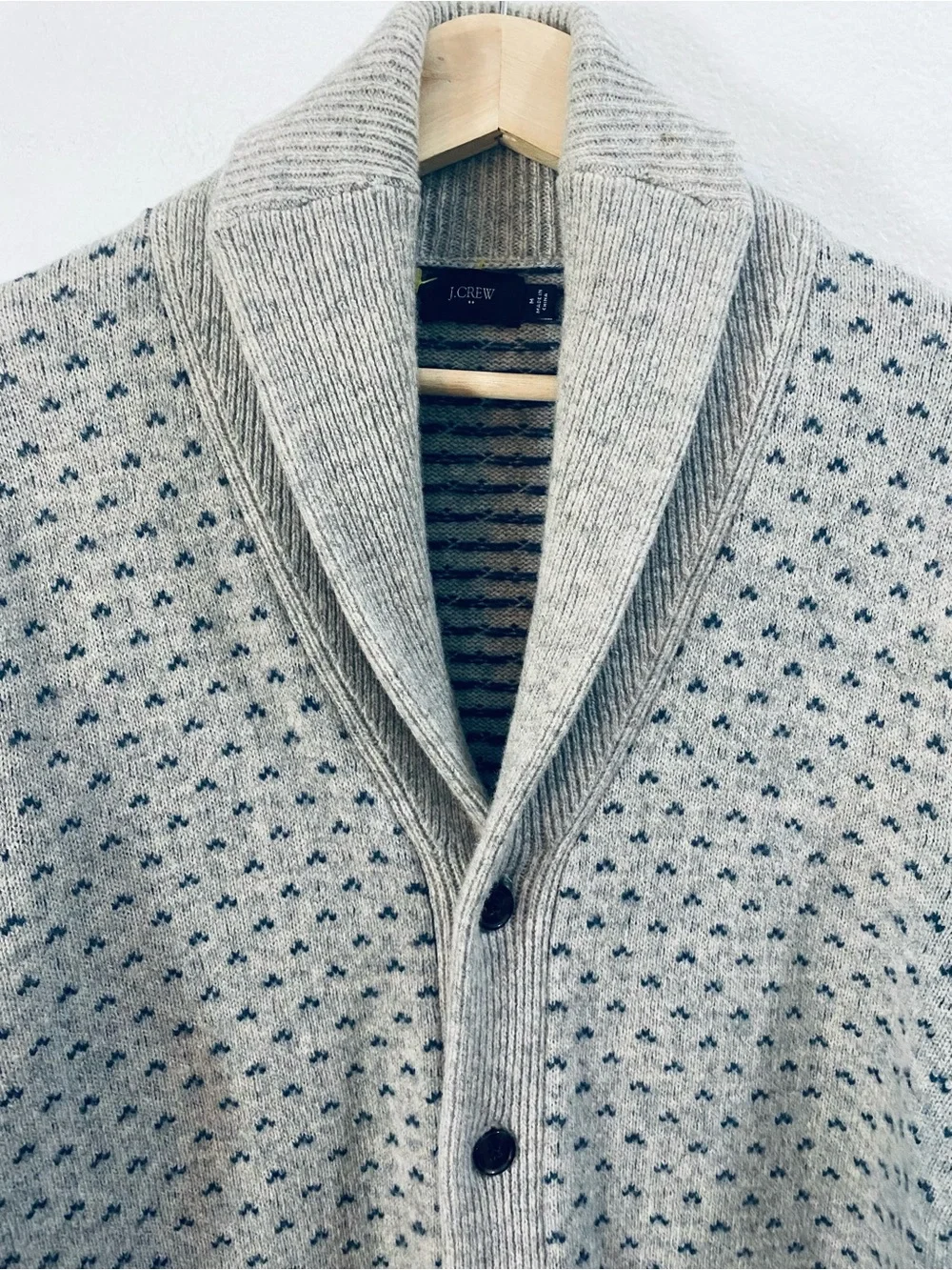 J. Crew Wool Shawl Collar Cardigan Men’s Medium Grey Birds Eye Preppy Cabincore
